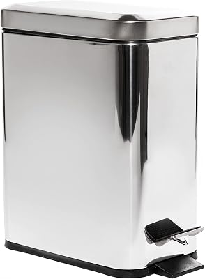 BINO | Rectangular Step Trash Can | 1.3 Gallon/5 Liter Stainless Steel Trash Can with Lid | Home or Office Bathroom Trash Cans with Lids | Kitchen Garbage Can with Non-Slip Stepper | Brushed Steel