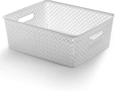 BINO | Plastic Basket, Large - White | THE PLAIT COLLECTION | Multi-Use Storage Bins | Durable, Drawer & Cabinet-Friendly | Storage Baskets for Organizing | Pantry, Bathroom & Closet Organizer
