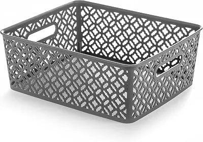 BINO l Plastic Storage Bins, Large - Grey l THE BLOSSOM COLLECTION l Multi-Use Organizer Bin l Built-in Handles l Plastic Woven Basket for Organizing l Pantry Storage Basket l Home Organizing Basket