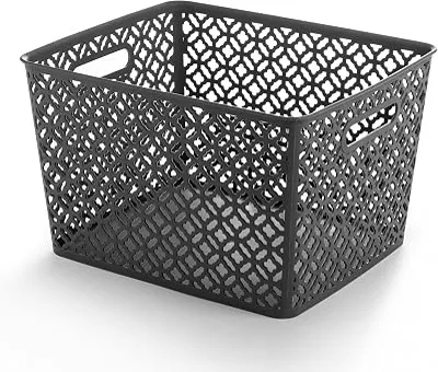 BINO l Plastic Storage Bins, XLarge - Grey l THE BLOSSOM COLLECTION l Multi-Use Organizer Bin l Built-in Handles l Plastic Woven Basket for Organizing l Pantry Storage Basket l Home Organizing Basket
