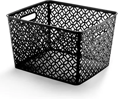 BINO l Plastic Storage Bins, XLarge - Black l THE BLOSSOM COLLECTION l Multi-Use Organizer Bin l Built-in Handles l Plastic Woven Basket for Organizing l Pantry Storage Basket l Home Organizing Basket
