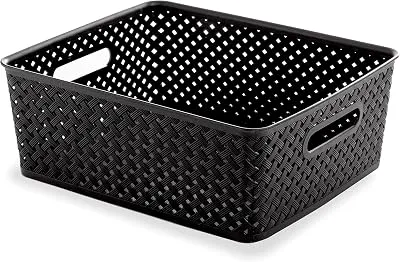 BINO | Plastic Basket, Large - Black | THE PLAIT COLLECTION | Multi-Use Storage Bins | Durable, Drawer & Cabinet-Friendly | Storage Baskets for Organizing | Pantry, Bathroom & Closet Organizer