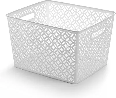 BINO l Plastic Storage Bins, XLarge - White l THE BLOSSOM COLLECTION l Multi-Use Organizer Bin l Built-in Handles l Plastic Woven Basket for Organizing l Pantry Storage Basket l Home Organizing Basket