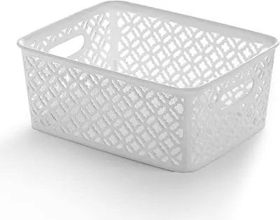BINO l Plastic Storage Bins, Medium - White l THE BLOSSOM COLLECTION l Multi-Use Organizer Bin l Built-in Handles l Plastic Woven Basket for Organizing l Pantry Storage Basket l Home Organizing Basket