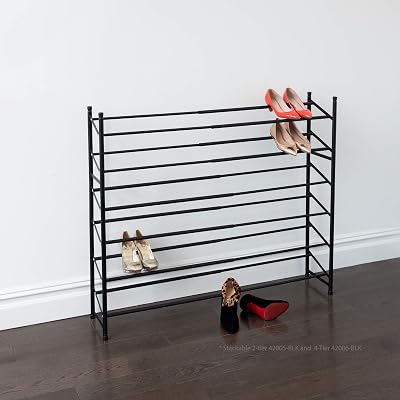 BINO Stackable 4 Tier Expandable Shoe Rack - 12-24 Pair Shoe Shelf Tower Storage Organizer, Black