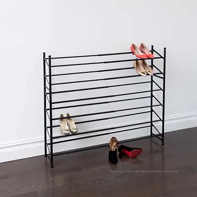 BINO Stackable 4 Tier Expandable Shoe Rack - 12-24 Pair Shoe Shelf Tower Storage Organizer, Black