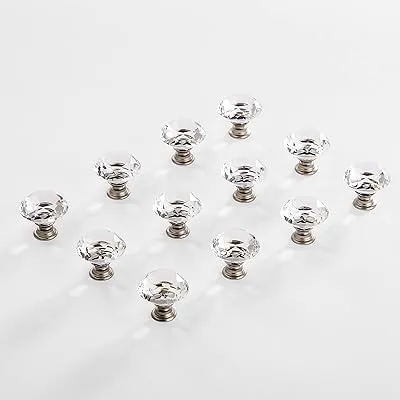 BINO 12-Pack Crystal Cabinet Knobs Drawer Pull Handles - 1.25" Diameter (32mm), Satin Nickel - Dresser Knobs for Dresser Drawers Crystal Knobs and Pulls Handles