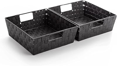 BINO Woven Strap Storage Basket With Built-In Carry Handles | Stylish Storage Organizer | Decorative Home Storage | Neat And Tidy Organizer, Home Essentials (Medium - Dark Grey, 2-Pack)