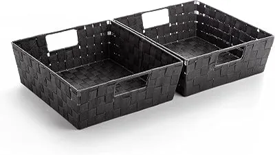 BINO Woven Strap Storage Basket With Built-In Carry Handles | Stylish Storage Organizer | Decorative Home Storage | Neat And Tidy Organizer, Home Essentials (Medium - Dark Grey, 2-Pack)