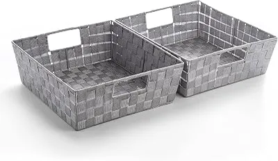 BINO Woven Strap Storage Basket With Built-In Carry Handles | Stylish Storage Organizer | Decorative Home Storage | Neat And Tidy Organizer, Home Essentials (Medium - Light Grey, 2-Pack)