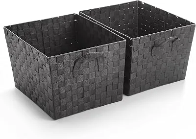 BINO Woven Strap Storage Basket With Built-In Carry Handles | Stylish Storage Organizer | Decorative Home Storage | Neat And Tidy Organizer, Home Essentials (XLarge- Dark Grey. 2-Pack)