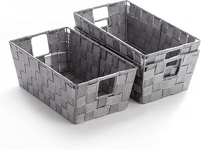 BINO Woven Strap Storage Basket With Built-In Carry Handles | Stylish Storage Organizer | Decorative Home Storage | Neat And Tidy Organizer, Home Essentials (Small - Light Grey, 3-Pack)