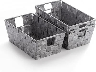 BINO Woven Strap Storage Basket With Built-In Carry Handles | Stylish Storage Organizer | Decorative Home Storage | Neat And Tidy Organizer, Home Essentials (Small - Light Grey, 3-Pack)