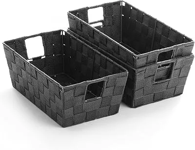 BINO Woven Strap Storage Basket With Built-In Carry Handles | Stylish Storage Organizer | Decorative Home Storage | Neat And Tidy Organizer, Home Essentials (Small - Dark Grey)