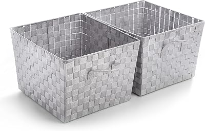 BINO Woven Strap Storage Basket With Built-In Carry Handles | Stylish Storage Organizer | Decorative Home Storage | Neat And Tidy Organizer, Home Essentials (XLarge- Light Grey, 2-Pack)