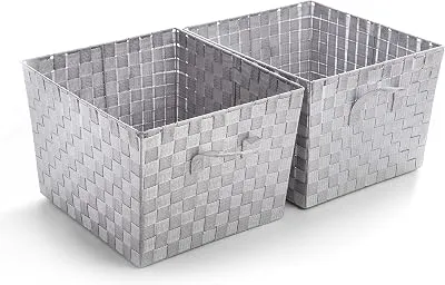 BINO Woven Strap Storage Basket With Built-In Carry Handles | Stylish Storage Organizer | Decorative Home Storage | Neat And Tidy Organizer, Home Essentials (XLarge- Light Grey, 2-Pack)