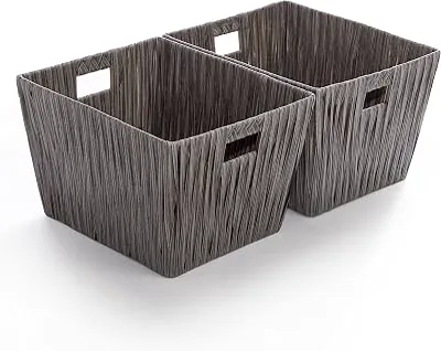BINO 2 Pack Woven Resin Basket Organizer - Shelf Organizer with Built-in Carry Handles, Medium - Dark Grey