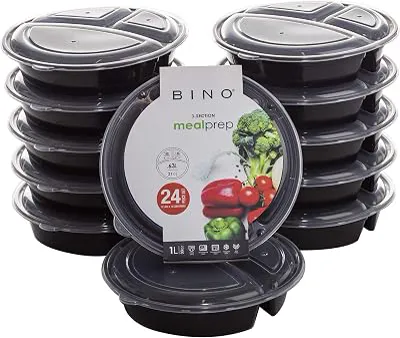 BINO | Food Containers with Cover | Black 12-Piece Set, 33 oz. 3 Compartments | Meal Storage Containers| Microwave-Safe, Freezer-Safe, and Dishwasher-Safe, BPA-Free Plastic Containers with Lids