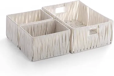 BINO 3 Pack Woven Resin Basket Organizer - Shelf Organizer with Built-in Carry Handles (White)