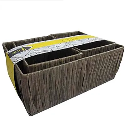 BINO 3 Pack Woven Resin Basket Organizer - Shelf Organizer with Built-in Carry Handles (Brown)