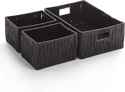 BINO 3 Pack Woven Resin Basket Organizer - Shelf Organizer with Built-in Carry Handles (Black)