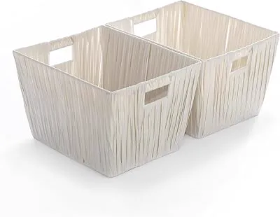 BINO 2 Pack Woven Resin Basket Organizer - Shelf Organizer with Built-in Carry Handles (White, 2PK - M)