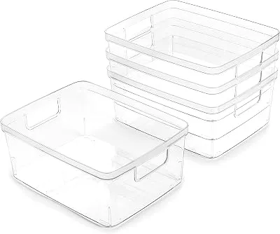 BINO Plastic Storage Containers, Small - 4 Pack THE LUCID COLLECTION, Multi-Use Organizer Bins Built-In Handles BPA-Free Clear, Fridge, Pantry & Home Organization