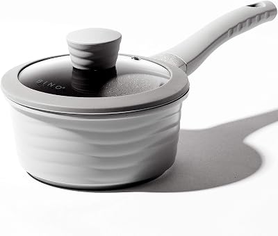 BINO Cookware Nonstick Saucepan with Lid, 1.4 Quart - Matte Light Grey | THE WAVE COLLECTION | Premium Quality Nonstick Cast Aluminum Cooking Pot Sauce Pot | Stay-Cool BAKELITE Handle | Non-Toxic
