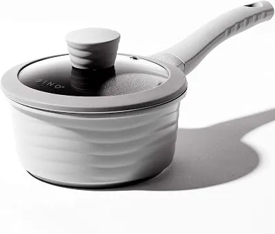 BINO Cookware Nonstick Saucepan with Lid, 1.4 Quart - Matte Light Grey | THE WAVE COLLECTION | Premium Quality Nonstick Cast Aluminum Cooking Pot Sauce Pot | Stay-Cool BAKELITE Handle | Non-Toxic