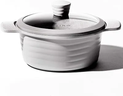 BINO Cookware Nonstick Stock Pot with Lid, 2.5 Quart - Matte Light Grey | THE WAVE COLLECTION | Premium Quality Nonstick Cast Aluminum Casserole Stockpot | Stay-Cool BAKELITE Handles | Non-Toxic