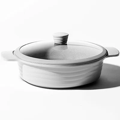 BINO Cookware Nonstick Low Stock Pot with Lid, 4.5 Quart - Matte Light Grey | THE WAVE COLLECTION | Premium Quality Nonstick Cast Aluminum Low Casserole | Stay-Cool BAKELITE Handles | Non-Toxic
