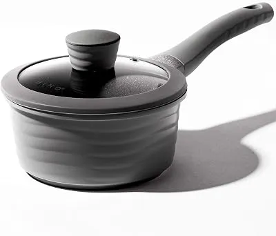 BINO Cookware Nonstick Saucepan with Lid, 1.4 Quart - Matte Grey | THE WAVE COLLECTION | Premium Quality Nonstick Cast Aluminum Cooking Pot Sauce Pot | Stay-Cool BAKELITE Handle | Non-Toxic