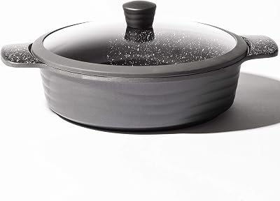 BINO Cookware Nonstick Low Stock Pot with Lid, 4.5 Quart - Matte Grey | THE WAVE COLLECTION | Premium Quality Nonstick Cast Aluminum Low Casserole Stockpot | Stay-Cool BAKELITE Handles | Non-Toxic