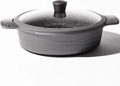 BINO Cookware Nonstick Low Stock Pot with Lid, 4.5 Quart - Matte Grey | THE WAVE COLLECTION | Premium Quality Nonstick Cast Aluminum Low Casserole Stockpot | Stay-Cool BAKELITE Handles | Non-Toxic