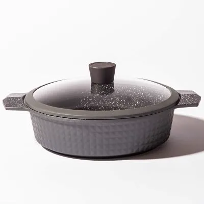 BINO Cookware Nonstick Low Stock Pot with Lid, 4.5 Quart - Matte Grey | THE DIAMOND COLLECTION | Premium Quality Nonstick Cast Aluminum Low Casserole Stockpot | Stay-Cool BAKELITE Handles | Non-Toxic