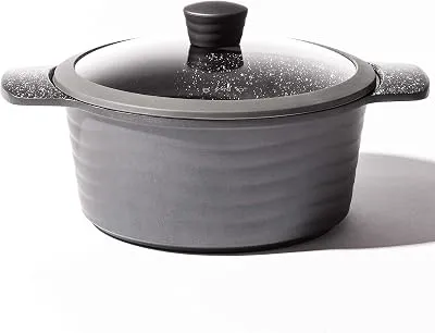 BINO Cookware Nonstick Stock Pot with Lid, 4.5 Quart - Matte Grey | THE WAVE COLLECTION | Premium Quality Nonstick Cast Aluminum Dutch Oven Casserole Stockpot | Stay-Cool BAKELITE Handles | Non-Toxic