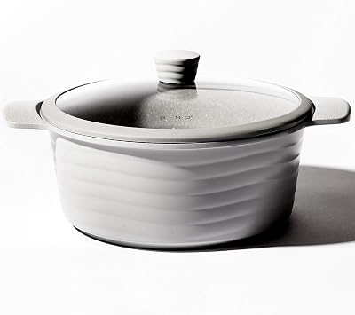 BINO Cookware Nonstick Stock Pot with Lid, 6.5 Quart - Matte Light Grey | THE WAVE COLLECTION | Premium Quality Nonstick Cast Aluminum Casserole Stockpot | Stay-Cool BAKELITE Handles | Non-Toxic
