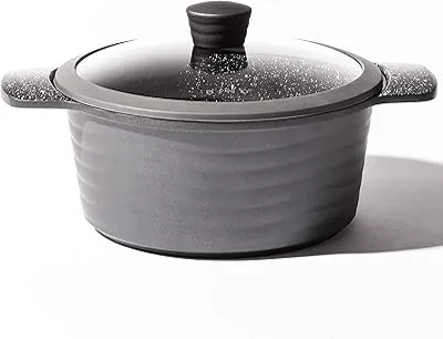 BINO Cookware Nonstick Stock Pot with Lid, 2.5 Quart - Matte Grey | THE WAVE COLLECTION | Premium Quality Nonstick Cast Aluminum Dutch Oven Casserole Stockpot | Stay-Cool BAKELITE Handles | Non-Toxic