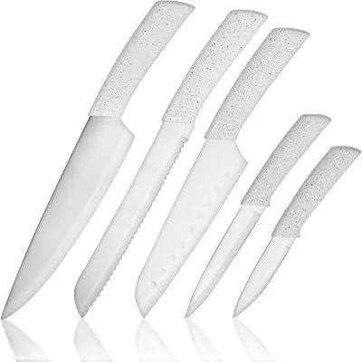 BINO 5-Piece Stainless Steel Kitchen Knives Set with Sheath - Speckled White | Chopping Knife | Serrated Utility Knife | Santoku Knife | Bread Knives | Cutting | Cooking | Meal Prep | Chefs Knife Set