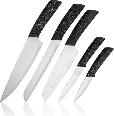 BINO 5-Piece Stainless Steel Kitchen Knives Set with Sheath - Speckled Black | Chopping Knife | Serrated Utility Knife | Santoku Knife | Bread Knives | Cutting | Cooking | Meal Prep | Chefs Knife Set