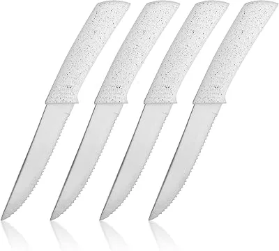 BINO 4-Piece Stainless Steel Steak Knife Set - Speckled White | Small Knives | Sharp Knife Set | Meat Knife Set | Kitchen Dinner Knives | Cutting Knives | Non-Stick & Rust-Resistant Dinner Knives