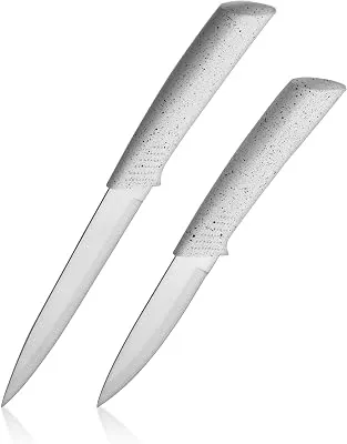 BINO 2-Piece Stainless Steel Paring Knife & Utility Knife with Blade Guards Set - Speckled White | Sharp Knife Set with Good Grip | Cooking Knives | Peeling & Cutting Fruits & Vegetables | Meal Prep