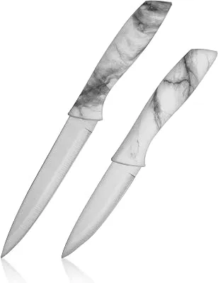 BINO 2-Piece Stainless Steel Paring Knife & Utility Knife with Blade Guards Set - Marble | Sharp Kitchen Knives with Good Grip | Cooking Knives | Peeling & Cutting Fruits & Vegetables | Meal Prep