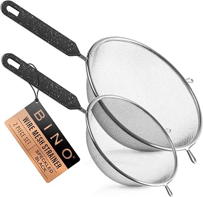 BINO 2-Piece Stainless Steel Strainers with Handle Set - Speckled Black | Food Strainer Set | Flour Sifter Strainer | Baking Sifters | Kitchen Strainers with Handle | Sieve Baking | Cooking Strainer