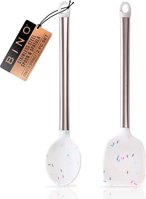 BINO 2-Piece Silicone Spoon and Spatula Set - Confetti | Stainless Steel & Heat Resistant Handle | Nonstick Kitchen Utensils for Cooking | Serving & Mixing in Nonstick Cookware | Kitchen Tools