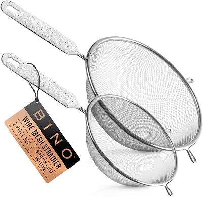 BINO 2-Piece Stainless Steel Strainers with Handle Set - Speckled White | Food Strainer Set | Flour Sifter Strainer | Baking Sifters | Kitchen Strainers with Handle | Sieve Baking | Cooking Strainer