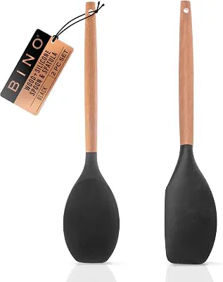BINO 2-Piece Wooden Handle Silicone Mixing Spoons & Spatulas Set - Black | Heat Resistant Kitchen Utensils for Nonstick Cookware | BPA Free | Cooking Utensils & Serving Food | Cookware Utensils Set