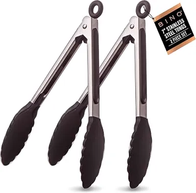 BINO 2-Piece Silicone Tipped Stainless Steel Tongs Set - Black | Locking Tongs | Kitchen Utensil & Tool for Cooking & Serving | Nonstick Cookware | Heat-resistant Silicone Tongs | 7 + 7 Inches