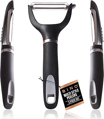BINO Stainless Steel 3-Piece Peeler Set - Dark Grey | 1-Piece Y-Shaped + 2-Piece Swivel | Multifunctional Kitchen Grip Peelers | Fruits & Vegetables Peelers | Hand Peelers | Kitchen & Cooking Prep