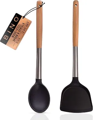 BINO 2-Piece Silicone Spoon & Solid Turner Set with Stainless Steel & Wooden Handle - Black | BPA-Free Nonstick & Heat Resistant Silicone | Mixing & Serving | Cooking Utensils for Nonstick Cookware